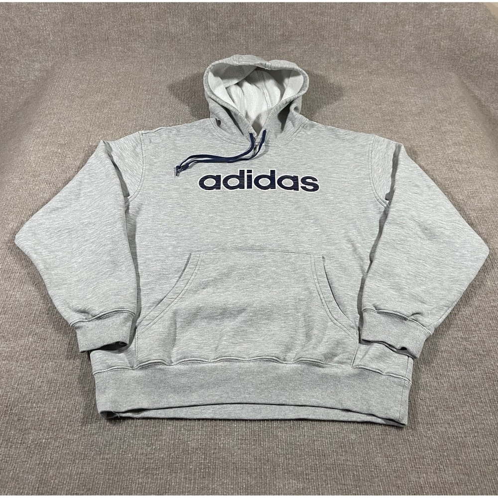 Vintage Adidas Hoodie Sweatshirt Mens Large Grey Embroidered Logo Spellout Y2K